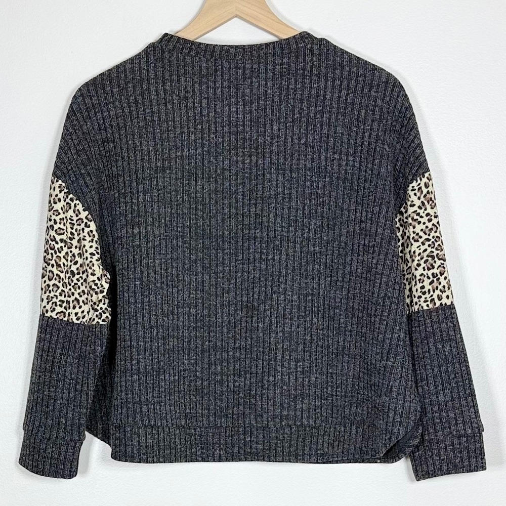 THML Womens Sweater Size S Gray Colorblock Leopard Pinstripe Ribbed Mixed Media - Picture 2 of 7